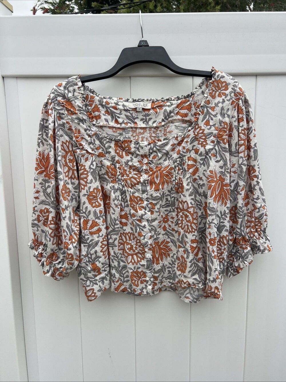 Rachel Zoe square neck boho top Linen Cropped Floral Small 3/4 Sleeve
